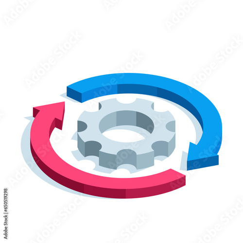 isometric gear and arrows around it, in color on a white background, running process or work