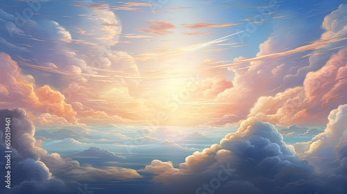  a painting of a sky with clouds and the sun in the distance. generative ai