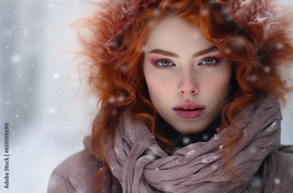Young woman in a winter scene looking at the camera Young woman in a winter scene looking at the camera
