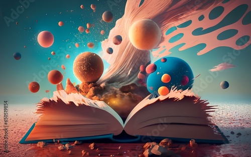 Open book as metaphor of reading skill brain knowledge and Sience, Education symbolic Illustration for lecture educational system. Creativity in wisdom state of mind abstract surrealism concept. photo