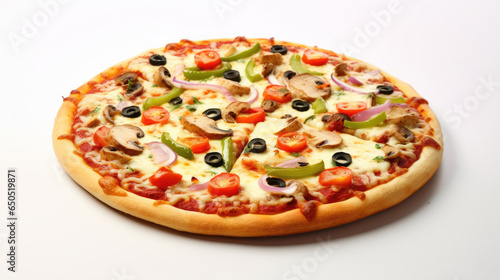 Top view Delicious pizza with vegetable and cheese topping on white background created with Generative AI Technology