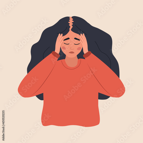 Alopecia concept. Sad woman loses her hair. Baldness disease and problems of the scalp. Unhappy female character with hair thinning. Vector illustration in flat cartoon style.