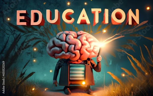 Sience and Education symbolic Illustration for educational system and lecture, an open book as metaphor of brain knowledge and wisdom state of mind abstract surreal concept. photo