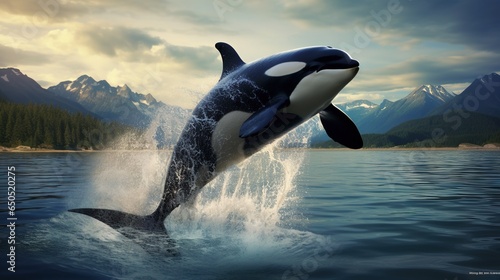  an orca jumping out of the water with mountains in the background.  generative ai