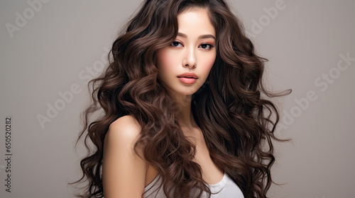 Elegant young Asian female model beautiful and healthy black brown wavy hair and natural makeup on a clean background created with Generative AI Technology