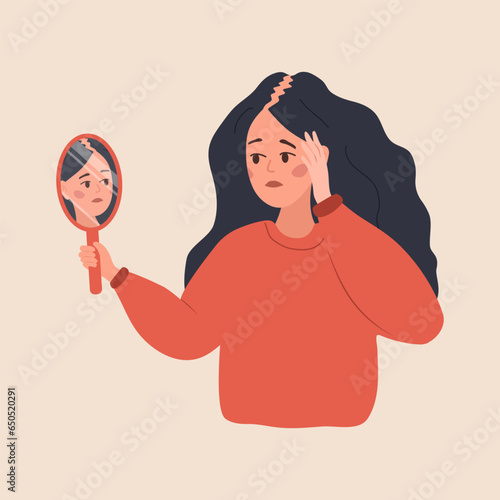 Baldness concept. Sad woman loses her hair. Alopecia disease and problems of the scalp. Unhappy female character looking in mirror. Vector illustration in flat cartoon style.