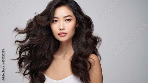 Elegant young Asian female model beautiful and healthy black brown wavy hair and natural makeup on a clean background created with Generative AI Technology