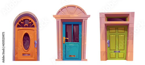 Set of front doors isolated on white background. Vector cartoon illustration of brown, green, blue wooden doors with doorknobs, decorative glass windows, mail slots, retro building design elements