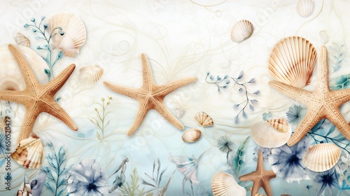  a painting of starfish and seashells on a blue background. generative ai