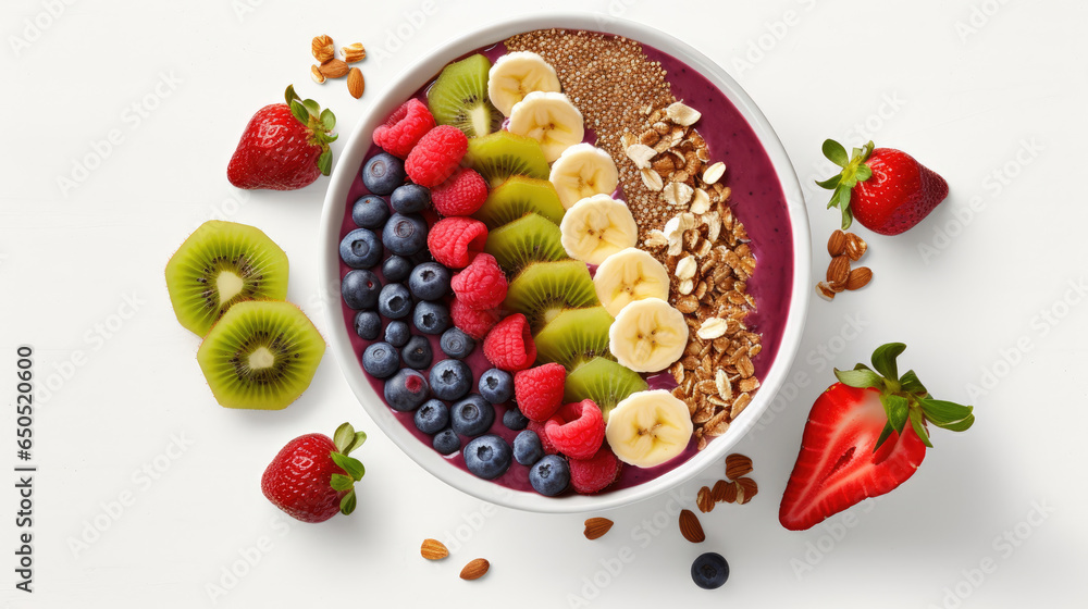 Healthy food muesli oats fresh berries yogurt in smoothie bowl view from top isolated on white background Healthy food muesli oats fresh berries yogurt in smoothie bowl view from top isolated on white background