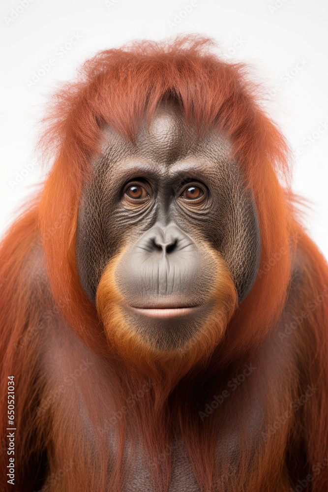 Orangutan wildlife face isolated on white background created with Generative AI Technology 