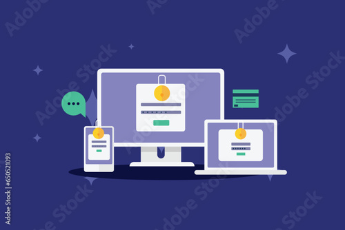 Website accounts under password protection, Website login details, Cyber security system for online financial credentials, Data privacy, Secure data storage, Vector illustration background