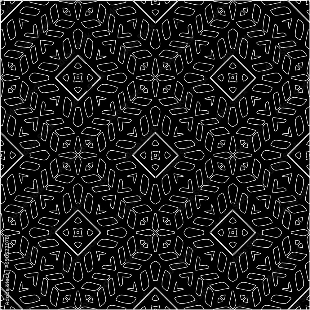 Black background with figures from white lines. Black and white pattern for web page, textures, card, poster, fabric, textile. Monochrome pattern. Repeating design. Black background with figures from white lines. Black and white pattern for web page, textures, card, poster, fabric, textile. Monochrome pattern. Repeating design.
