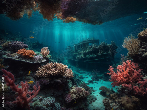 Shipwrecks and coral reef on the ocean floor