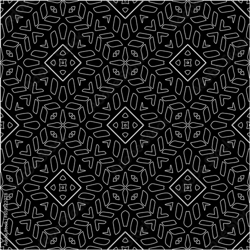 Black background with figures from white lines. Black and white pattern for web page, textures, card, poster, fabric, textile. Monochrome pattern. Repeating design.