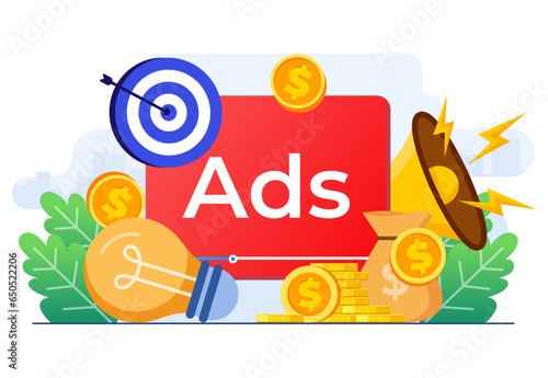 Paid advertising campaign display ads on website generating revenue for publisher, Pay per click concept, PPC, Advertising or advertisement, Promoting brands to audience, Internet marketing concept