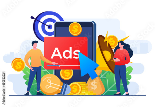 Paid advertising campaign display ads on website generating revenue for publisher, Pay per click concept, PPC, Advertising or advertisement, Promoting brands to audience, Internet marketing concept photo
