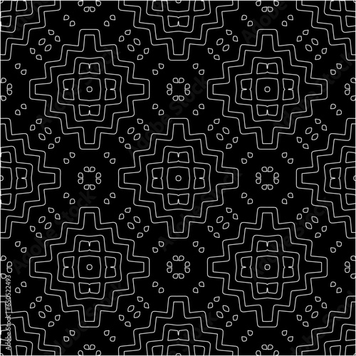 Black background with figures from white lines. Black and white pattern for web page  textures  card  poster  fabric  textile. Monochrome pattern. Repeating design.