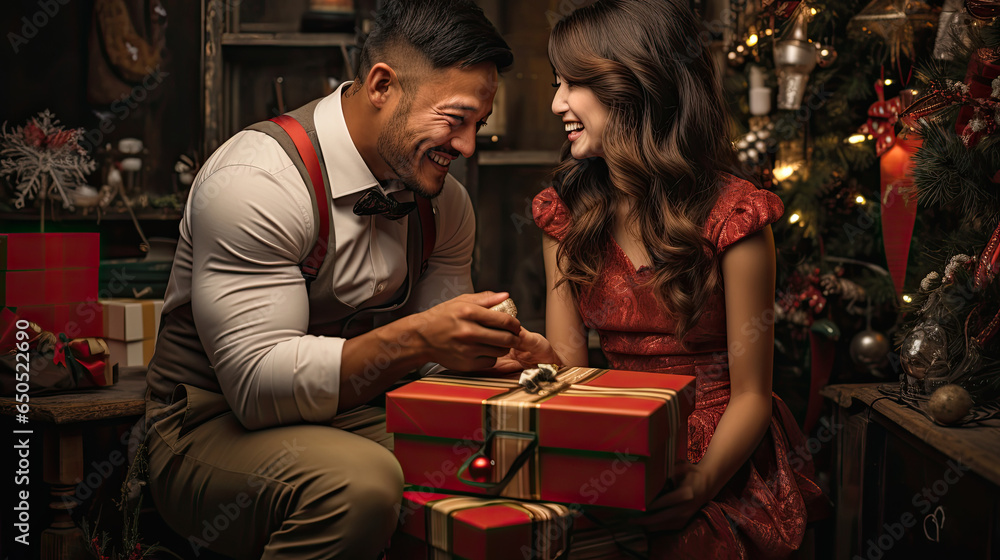two romance smiling loving couple giving gift boxes under the Christmas tree two romance smiling loving couple giving gift boxes under the Christmas tree