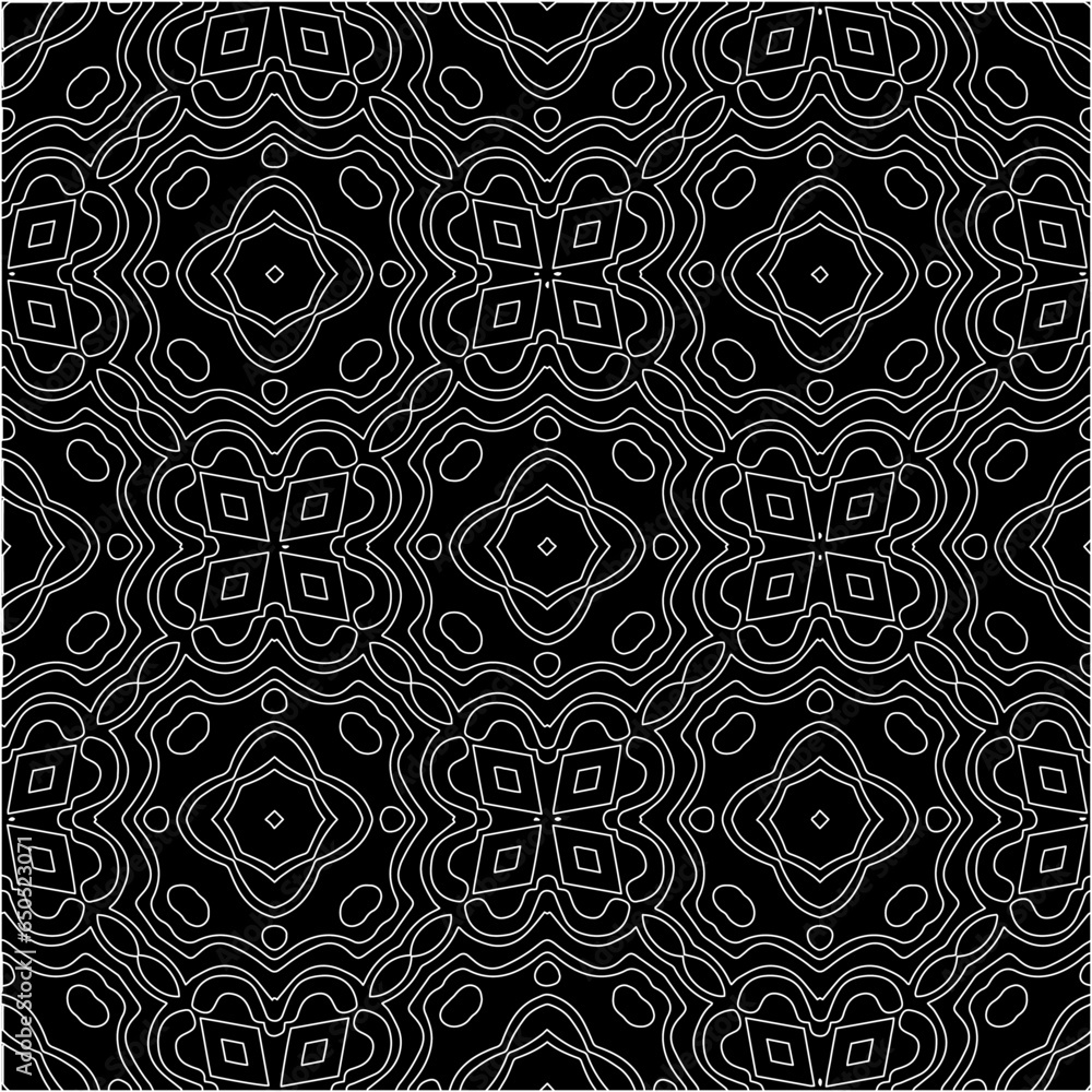 Black background with figures from white lines. Black and white pattern for web page, textures, card, poster, fabric, textile. Monochrome pattern. Repeating design. Black background with figures from white lines. Black and white pattern for web page, textures, card, poster, fabric, textile. Monochrome pattern. Repeating design.