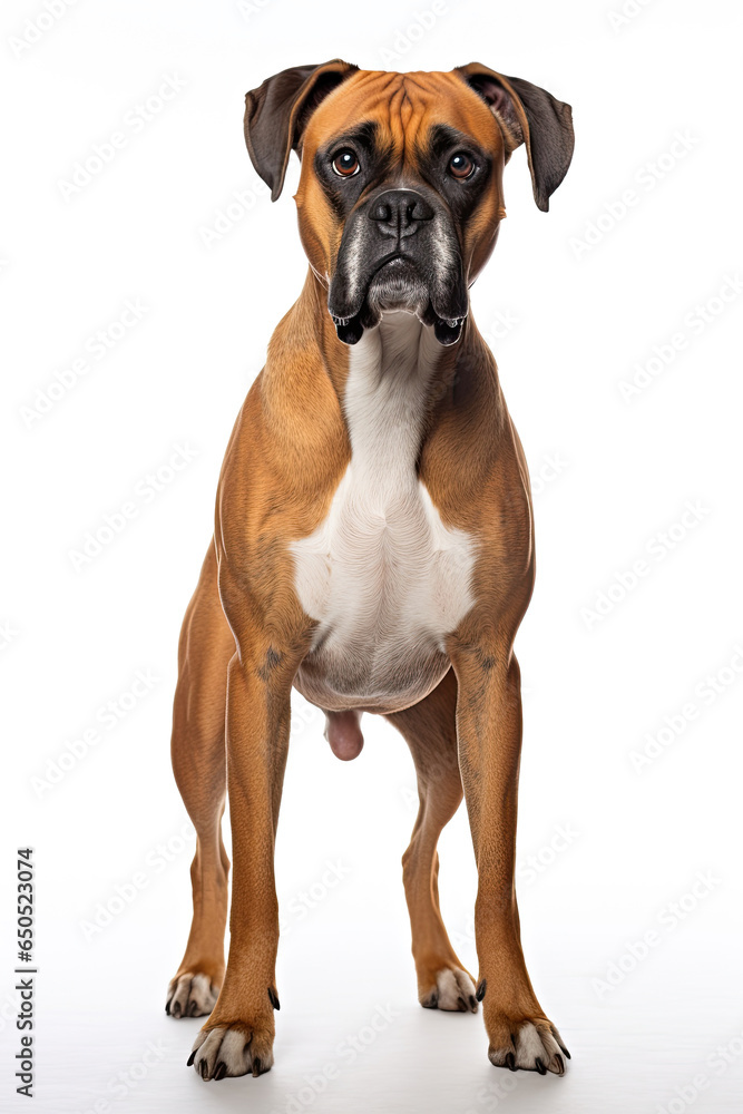 full body boxer bulldog dog on white background looking forward full body boxer bulldog dog on white background looking forward