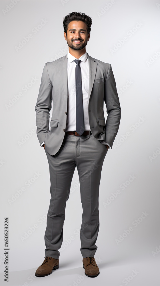 Young full body executive latin man standing wearing work clothes on white background Young full body executive latin man standing wearing work clothes on white background