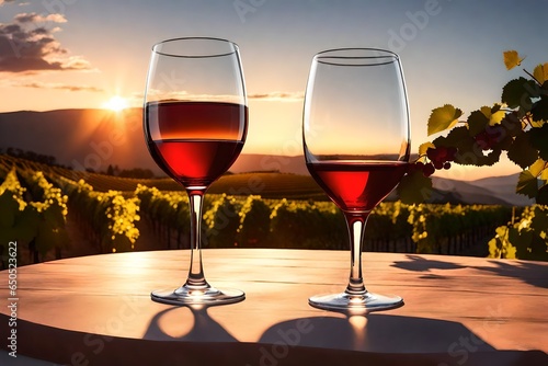 Generate a stunning 3D-rendered image of a crystal-clear glass filled with rich, red wine, set on a rustic wooden table in the midst of a vineyard during a beautiful sunset. Capture the warm, golden h