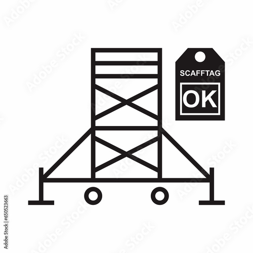 Completed mobile scaffolding installation with inspection card OK. Black and white icon and symbol of industrial equipment safety.