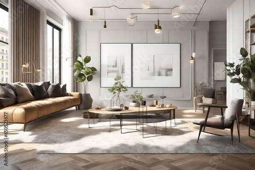 Generate a 3D-rendered illustration of a poster frame mockup hanging on the wall of a lavish apartment's living room. Highlight the fusion of modern design in the open-concept space, showcasing the ki