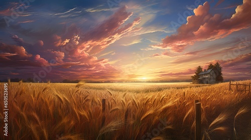  a painting of a sunset over a wheat field with a house in the distance. generative ai