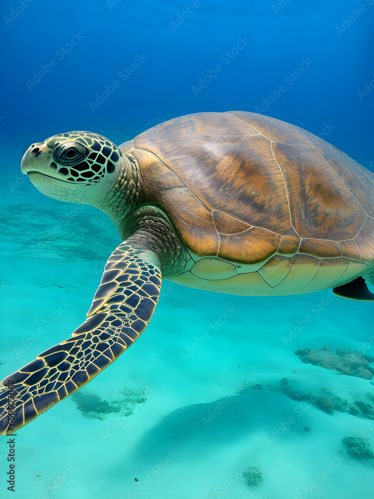 Fototapeta premium Green sea turtle swimming. Reptiles and Amphibians
