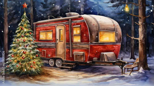 rustic camper van car with christmas tree on the trailer watercolor painting created with Generative AI Technology