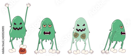 Set of Groovy retro Halloween characters. Funky cool Slime. Happy Halloween. Monster in Trendy Retro Cartoon style. Vector illustration.
