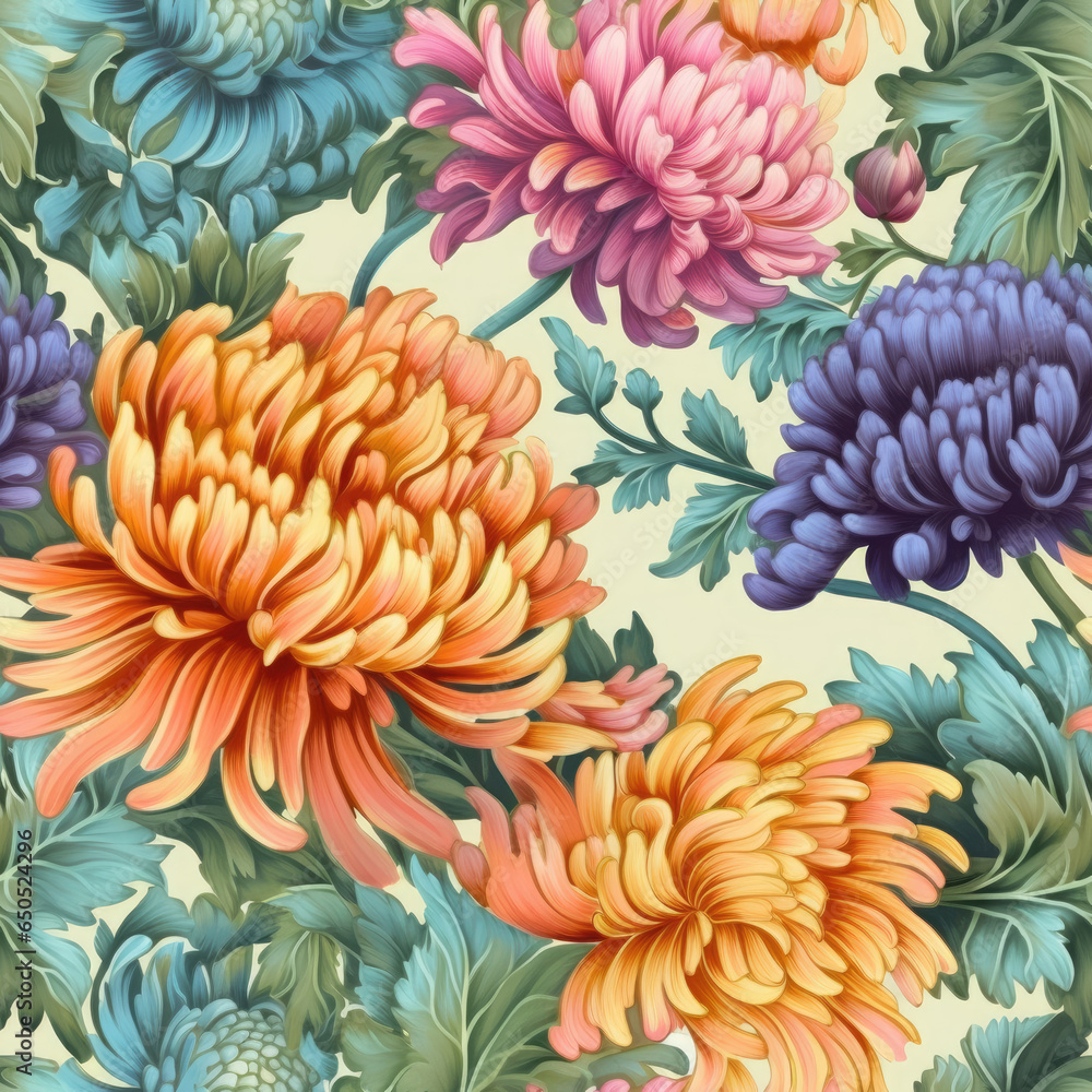 Chrysanthemum flowers paired with paisley motifs seamless pattern, AI Generated