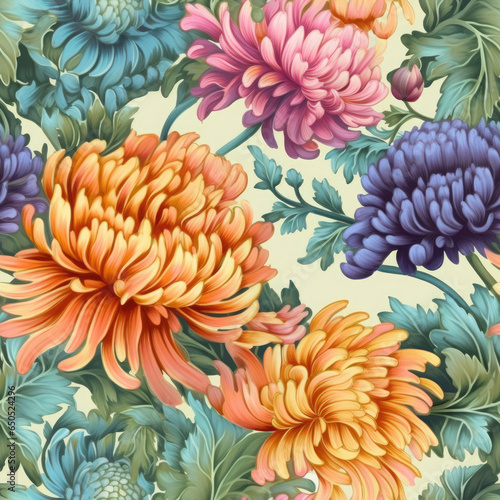 Chrysanthemum flowers paired with paisley motifs seamless pattern  AI Generated