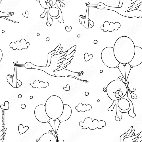 Seamless pattern with cute bear on balloons. Stork with baby in beak.