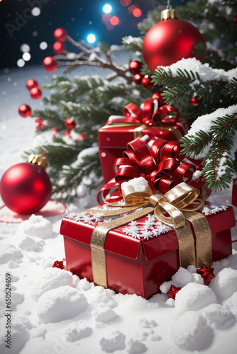 red gift for christmas on a wooden background with snow  Christmas tree and snow background Christmas holidays background with copy space for your text   © Khansa