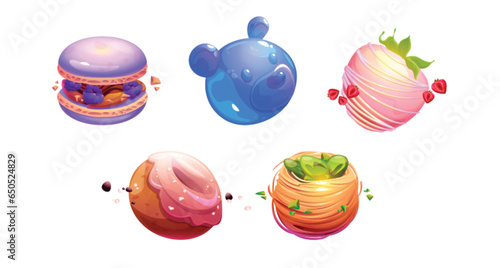 Sweet planet set isolated on white background. Vector cartoon illustration of macaron cake, strawberry in chocolate, donut decorated with icing, teddy bear lollipop. Fantasy candy land design elements