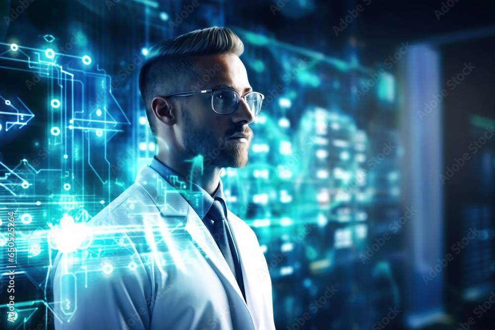 Photo of a professional man in a suit and tie against a futuristic backdrop Photo of a professional man in a suit and tie against a futuristic backdrop