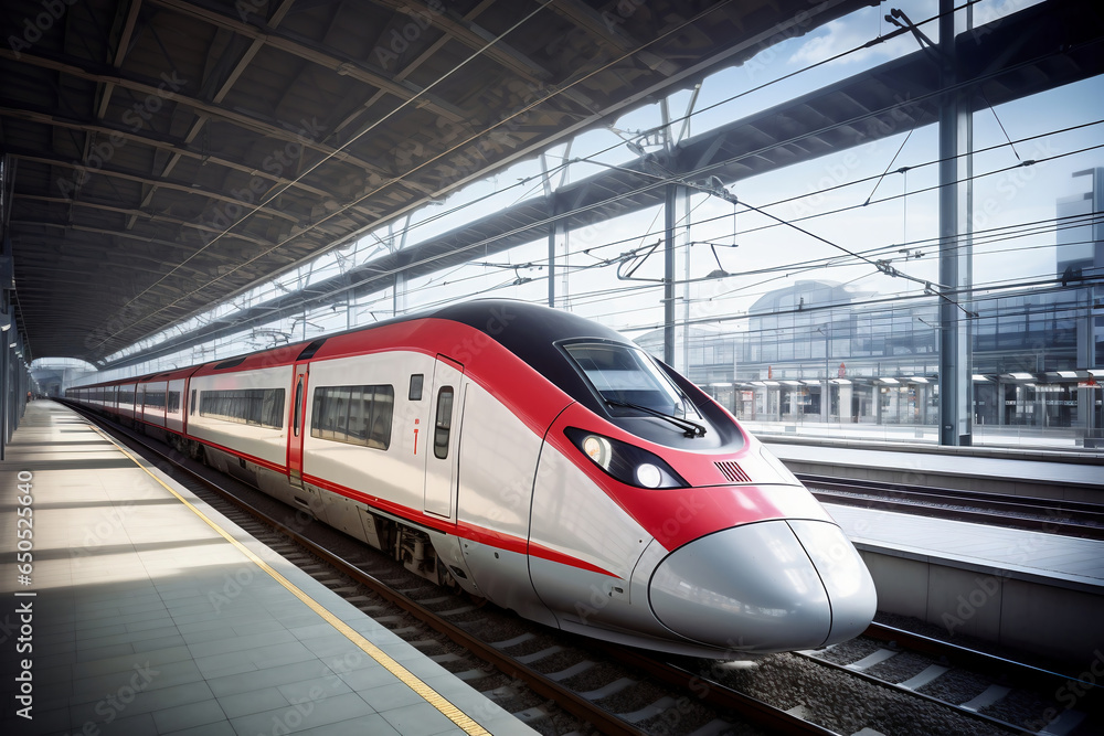 Red and white modern high-speed train on a railway platform. Boarding platform at the railway station. High-speed transport. Red and white modern high-speed train on a railway platform. Boarding platform at the railway station. High-speed transport.
