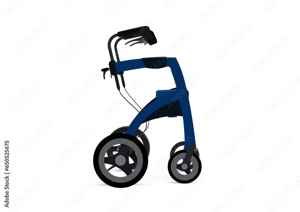 Vector illustration of side view of four wheel foldable rollator walker for elderly persons on light green background. 
