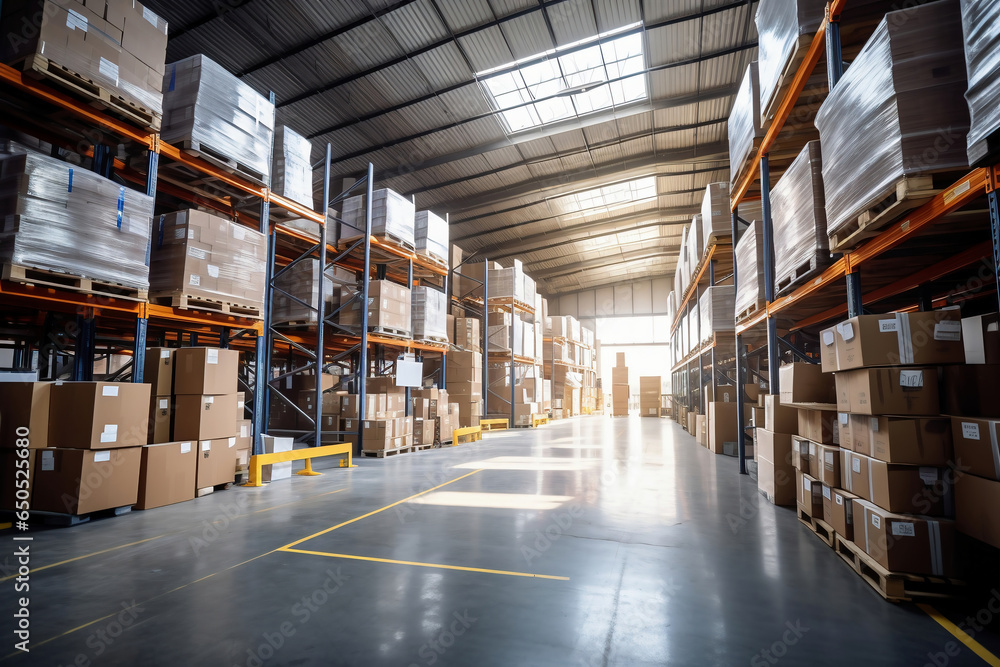 A large warehouse filled with neatly stacked boxes. Selective focus. Large space for storing and moving goods. Logistics. Trade in the modern world.