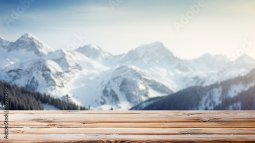 empty wooden table top board on blur snow mountain background