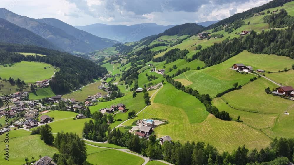Dolomites, Aerial summer view of Funes Valley, Province of Bolzano, South Tyrol, Italy Dolomites, Aerial summer view of Funes Valley, Province of Bolzano, South Tyrol, Italy