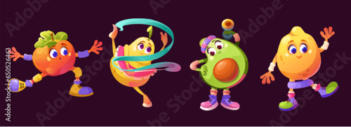 Yoga exercise with fruit character cartoon vector. Funny strong avocado, orange stretch pose, pear with ribbon and pilates lemon drawing icon collection with face and eyes. Wellness and training set