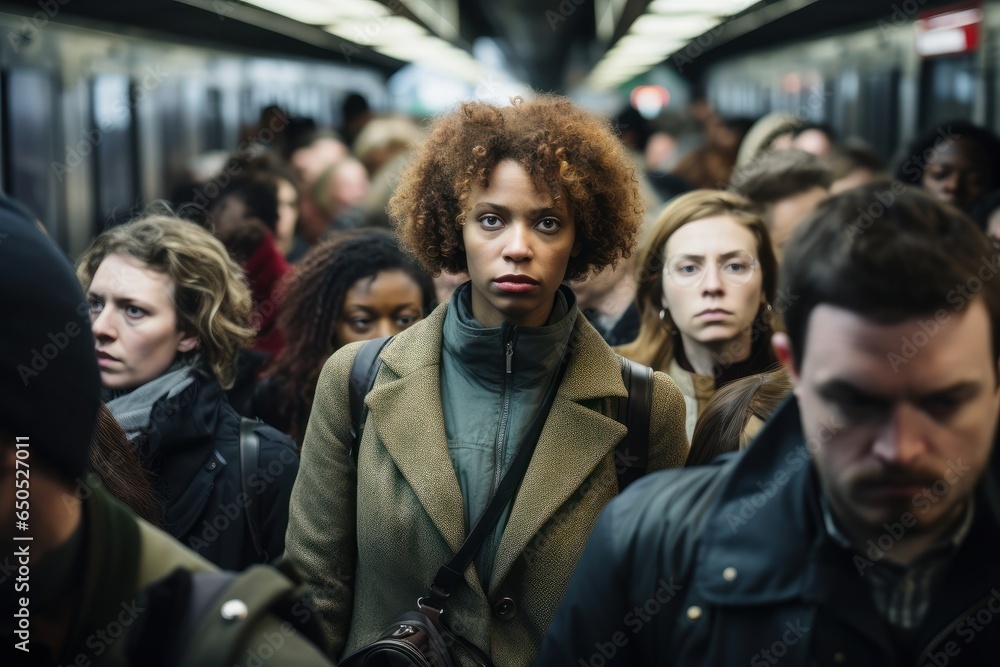 A diverse group of people commuting in a crowded subway, depicting the challenges of urban transportation. Generative Ai