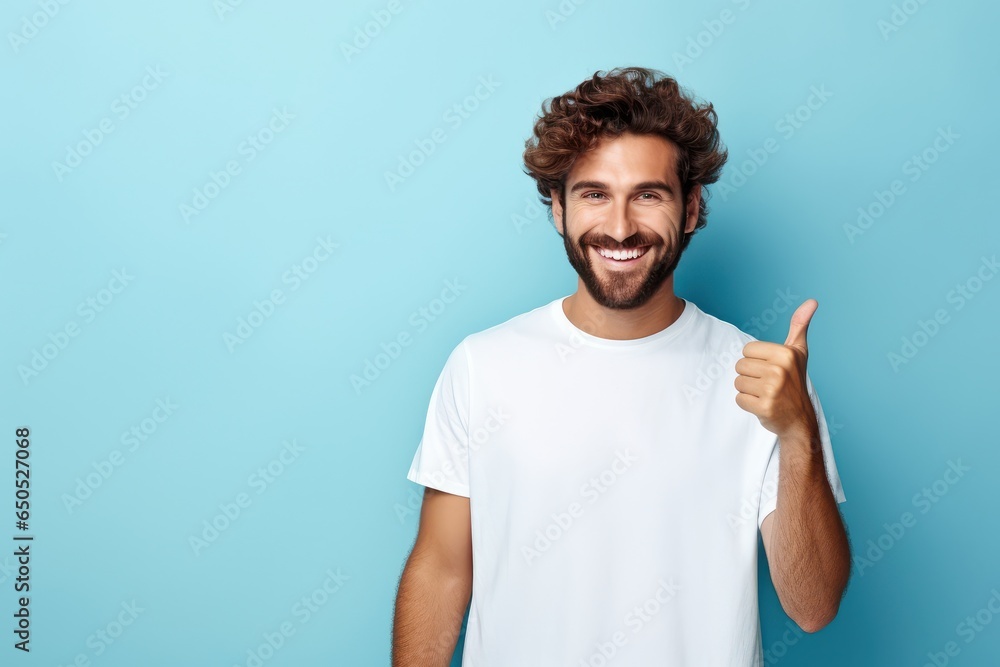Young caucasian man isolated on blue background giving a thumbs up gesture - obrazy, fototapety, plakaty 