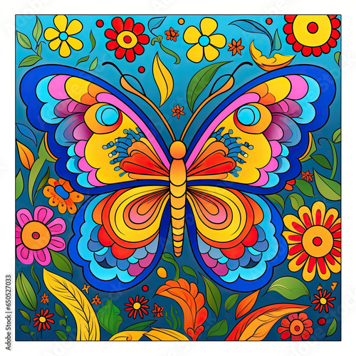 Colouring page for kids, a vibrant butterfly fluttering among colourful flowers AI Generated