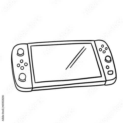 Video game console with switch detachable controllers on both sides and touch screen. Gamepad vector line doodle sketch