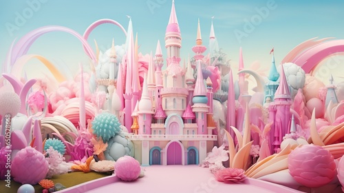  a pink castle surrounded by pink balloons and other things in the air.  generative ai © Olga